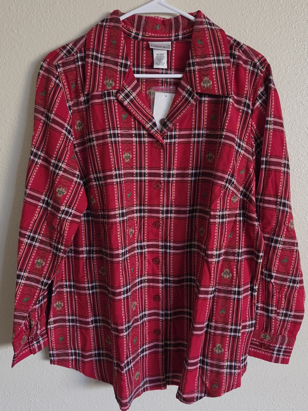 Fashion Bug Vintage Bear Red Plaid Button-Down Shirt for
